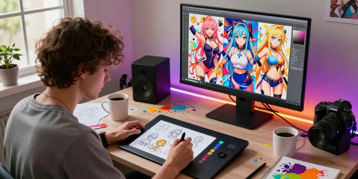 Creating ai ecchi art in a vibrant digital studio with tablet and colorful designs.