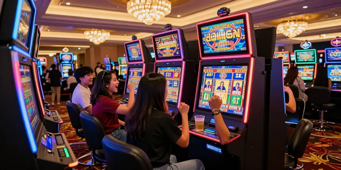 Group of friends celebrating a win at a slot machine, enjoying slot gacor malam ini at a vibrant casino.