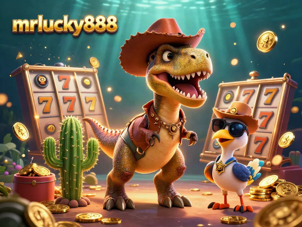 Experience mrlucky888's thrilling slots with an exciting 3D illustration featuring casino elements and vibrant characters.