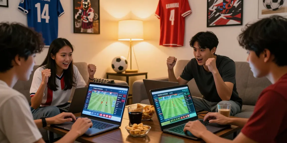 Football Betting Malaysia enthusiasts engaged in an exciting online betting session with laptops and football memorabilia