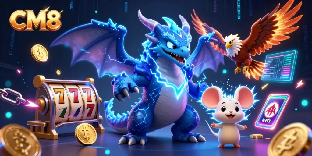 Experience thrilling gameplay with CM8 while enjoying vibrant slot reels and cryptocurrency elements.