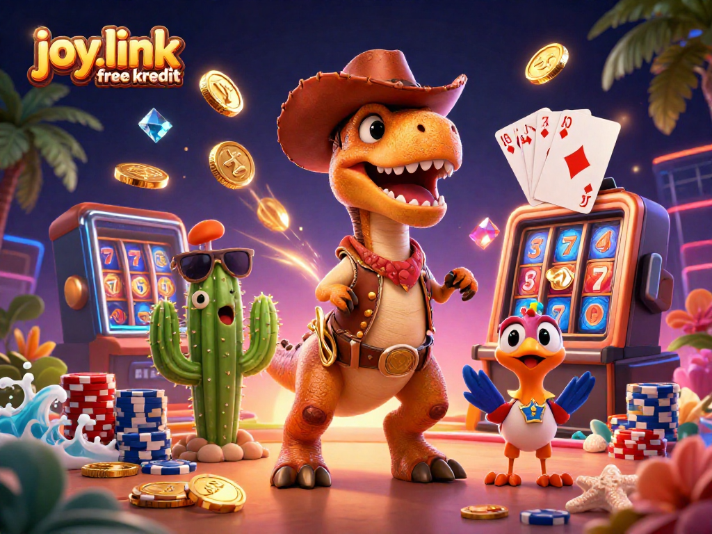 Spin and win big with joy.link free kredit in this vibrant casino scene with a cartoon dinosaur.