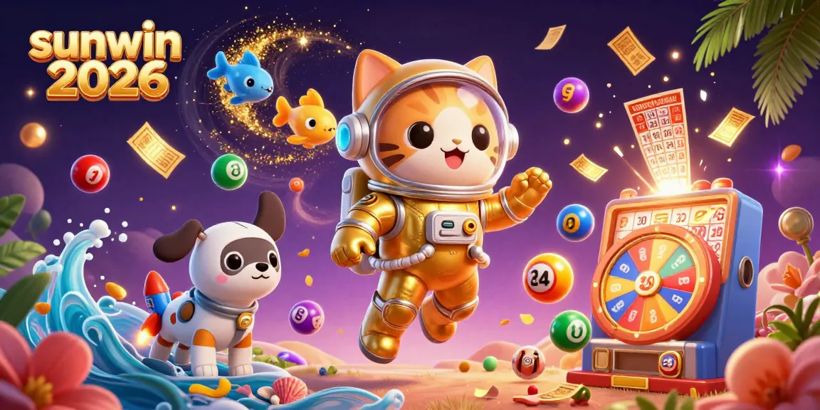 Experience the thrill of sunwin 2026 with a vibrant 3D illustration featuring a space cat, robot dog, and dynamic lottery elements.