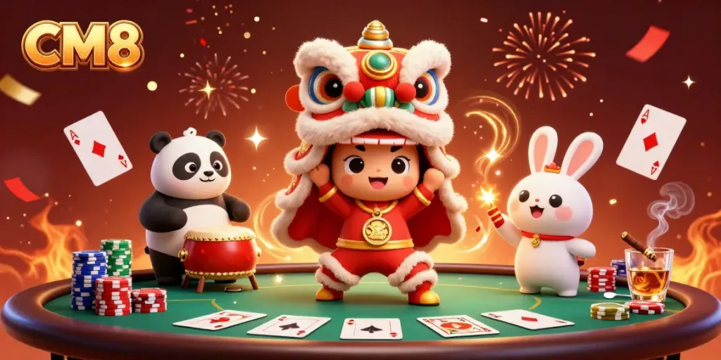 Join the festive CM8 celebration with exciting casino elements and vibrant characters.