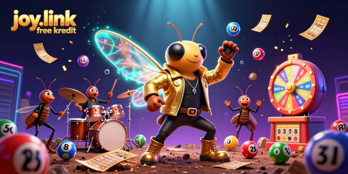 Engage with joy.link free kredit in a vibrant casino scene featuring a cicada rock star and colorful lottery elements.