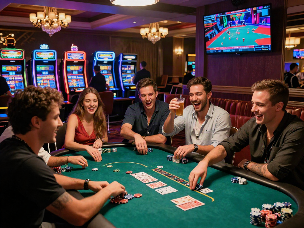 Group of friends enjoying poker night in a casino, showcasing rokok88 alternatif excitement and celebration.