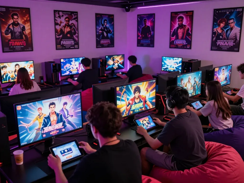 Exciting gaming lounge scene showcasing popular porno games with players enjoying immersive experiences.