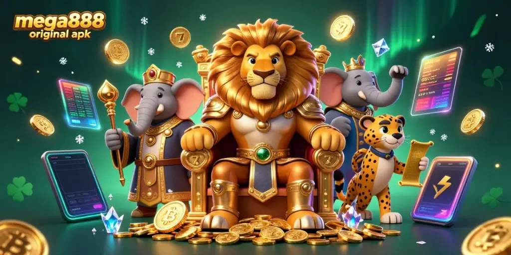 Experience thrilling gameplay with the mega888 original apk app, showcasing a fierce lion king and vibrant casino elements.