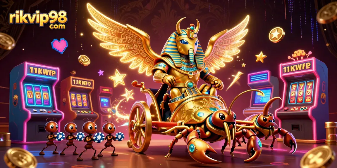 Experience thrilling gameplay at rikvip98 com with a vibrant scene featuring a golden scarab and casino elements.