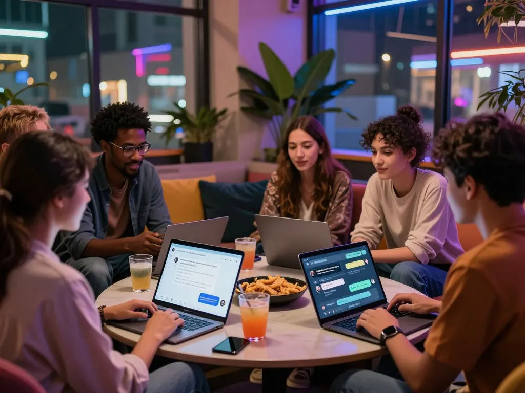 Group enjoying ai chat nsfw discussions in a vibrant urban lounge.