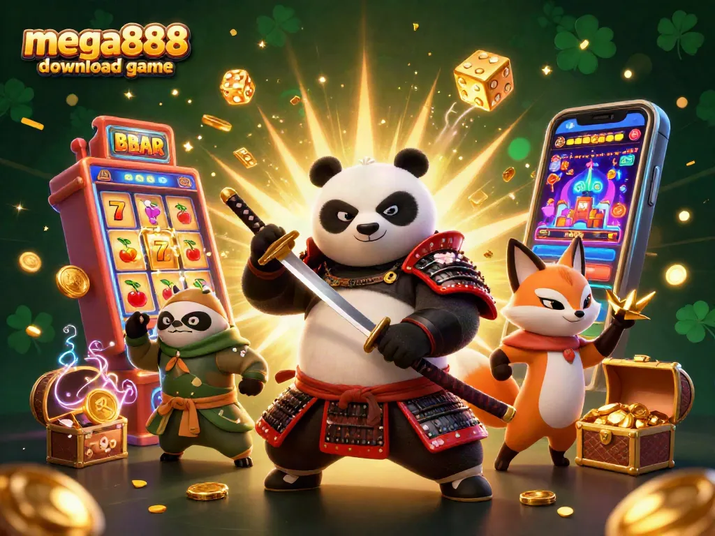 Mega888 download game illustration featuring a samurai panda and ninja fox amidst rich casino elements.