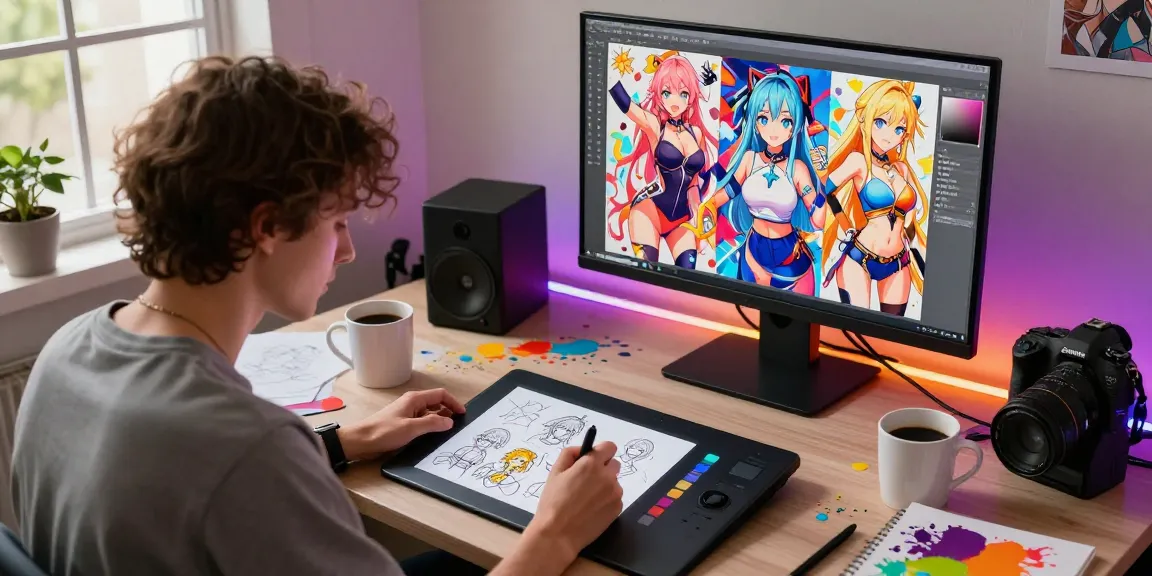 Creating ai ecchi art in a vibrant digital studio with tablet and colorful designs.