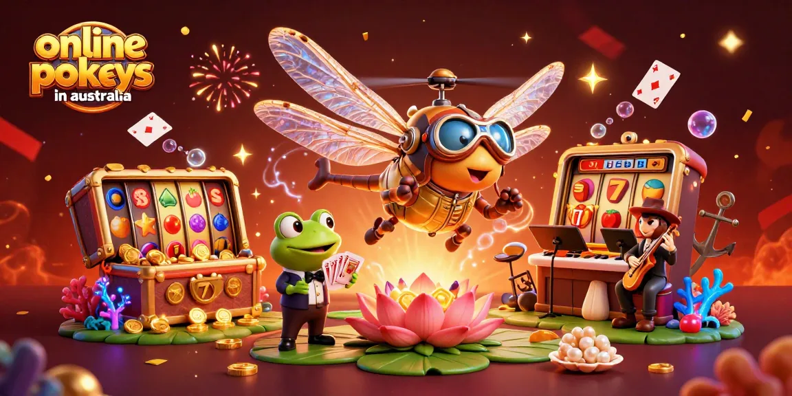 Spin to win online pokies in Australia with vibrant characters and colorful symbols in a lively casino scene.