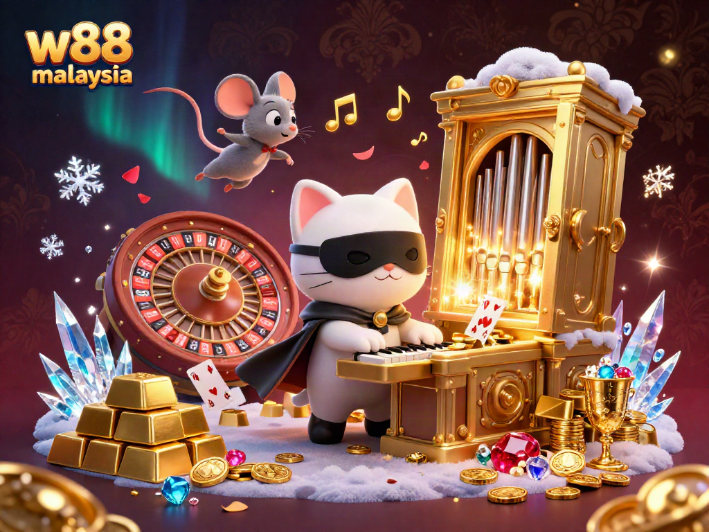Win big at w88 malaysia with a lively casino scene featuring animated characters and vibrant gaming elements.