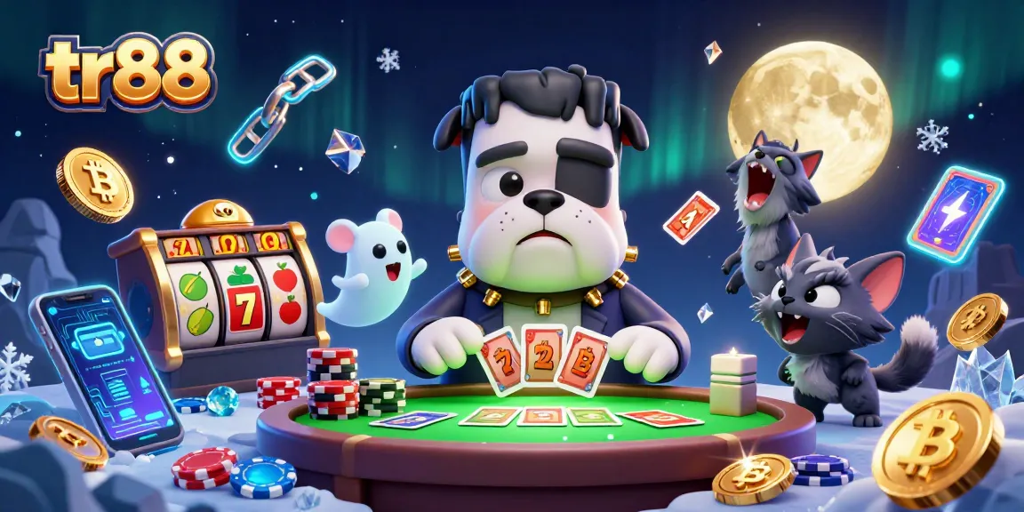 Play exciting games at tr88 with a thrilling scene of a bulldog monster dealing cards at a spooky casino table.
