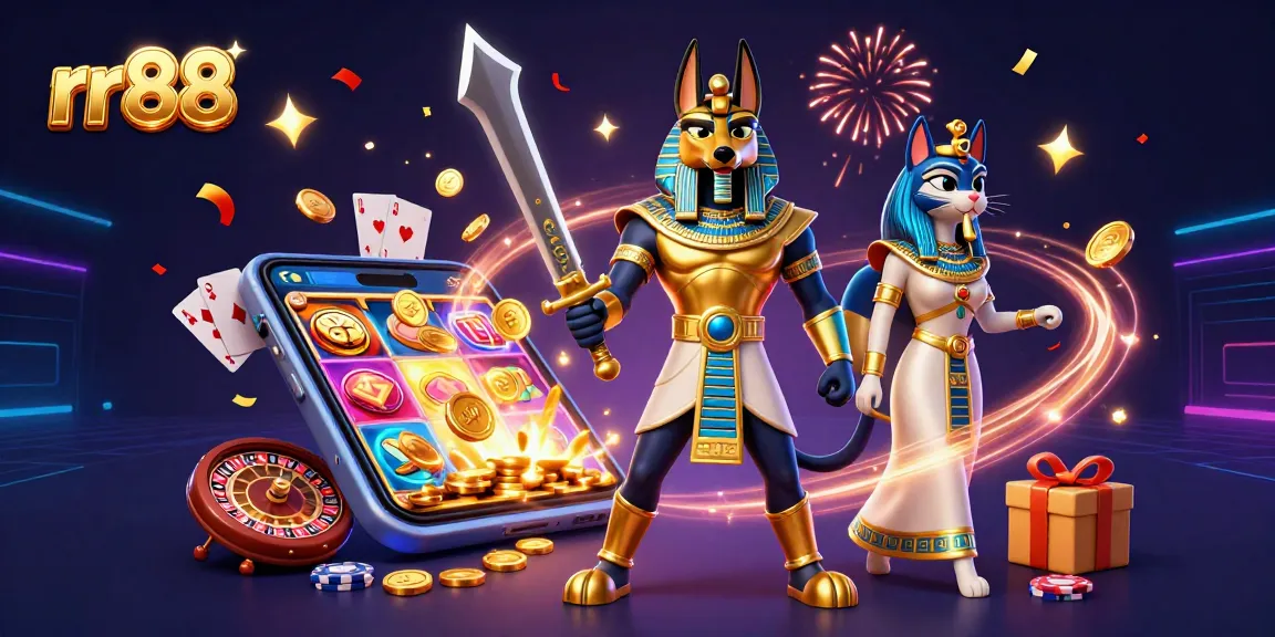Play exciting games like slots at rr88 with Anubis warrior and cat deity amidst vibrant casino elements.