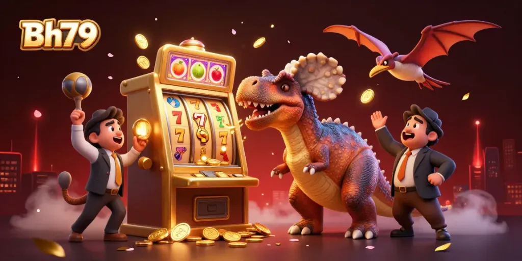 Bh79: A pachycephalosaurus celebrating a jackpot win in a vibrant casino scene filled with excitement and golden coins.