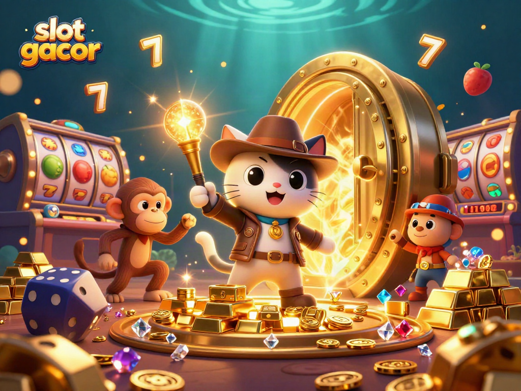 Spin the slot gacor with this vibrant 3D illustration featuring golden treasures and casino artifacts.