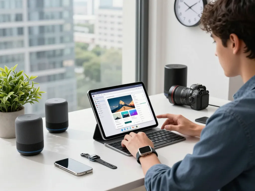 Explore trending tech gadgets in a modern workspace showcasing Bluetooth devices for productivity.