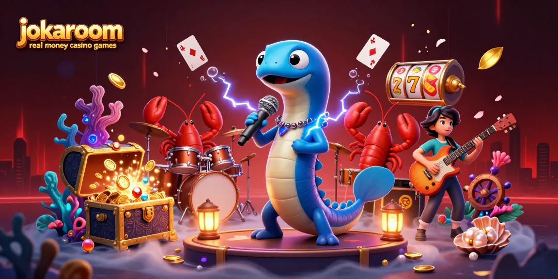 Engage with jokaroom real money casino games in a vibrant underwater scene featuring an electric eel DJ and dynamic game elements.