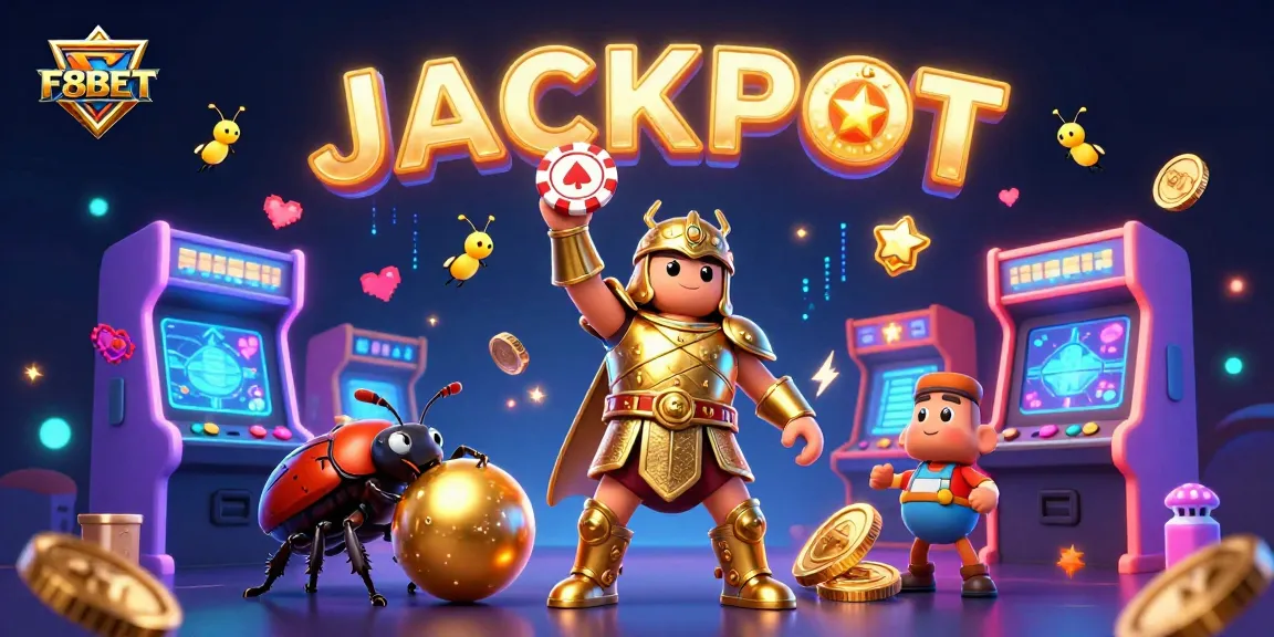 Win big with F8BET's colorful 3D casino-themed illustration featuring dynamic gaming elements.