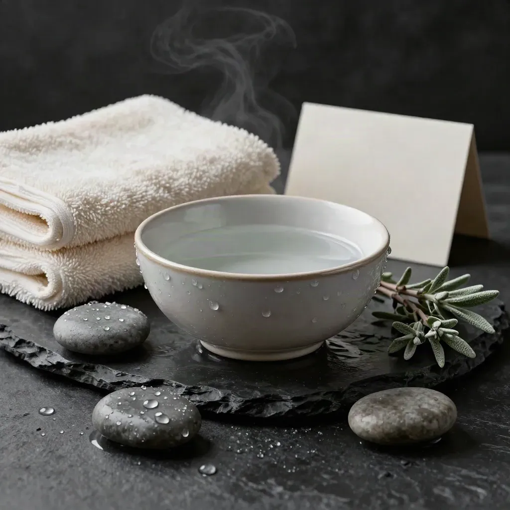 Baki spa dengan tuala, batu sungai basah, mangkuk seramik dan ranting herba di atas batu gelap.