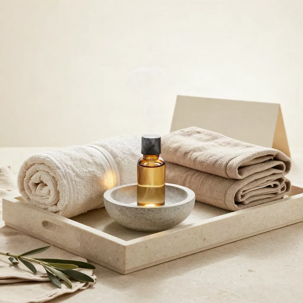 Tray spa petang dengan tuala gulung, mangkuk batu dan botol minyak herba di atas batu cerah