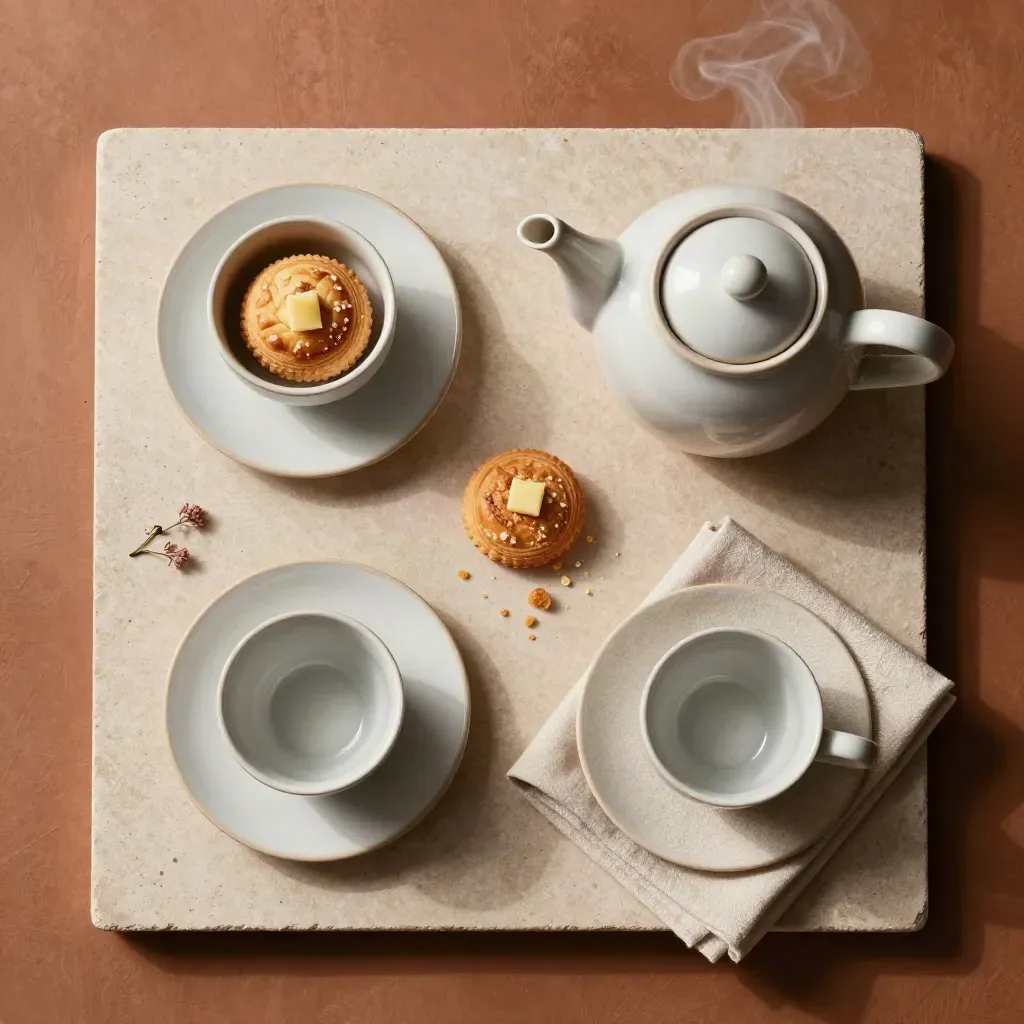 Set minum petang untuk dua orang dengan teh, pastri, napkin linen dan bunga kecil.