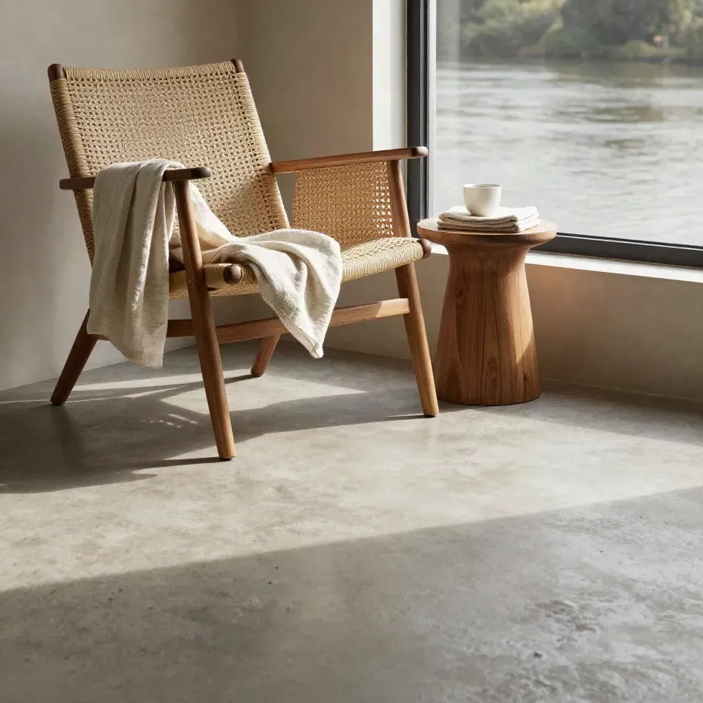 Sudut lounge rotan dengan langsir linen, meja oak dan tingkap sungai yang kabur.