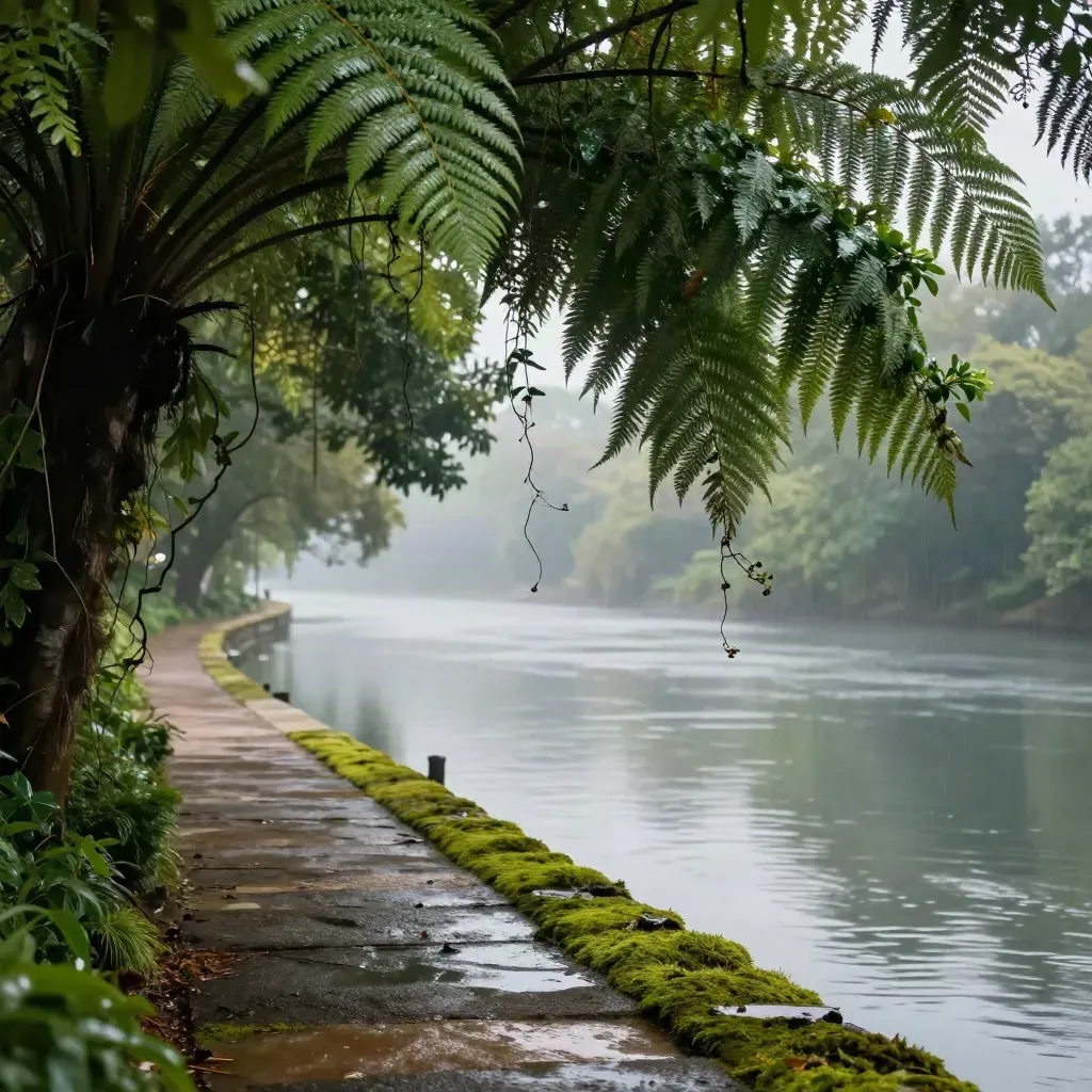Kanopi sungai hijau selepas hujan dengan kabus lembut dan laluan tenang.