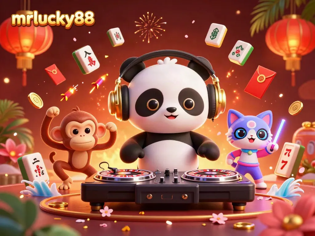 Experience the vibrant mrlucky88 casino scene with a DJ panda, dancing monkey, and rave kitten.