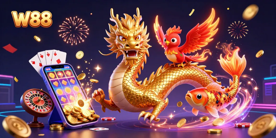 Experience the thrill of W88 with a vibrant casino scene showcasing a dragon, phoenix, and koi fish.