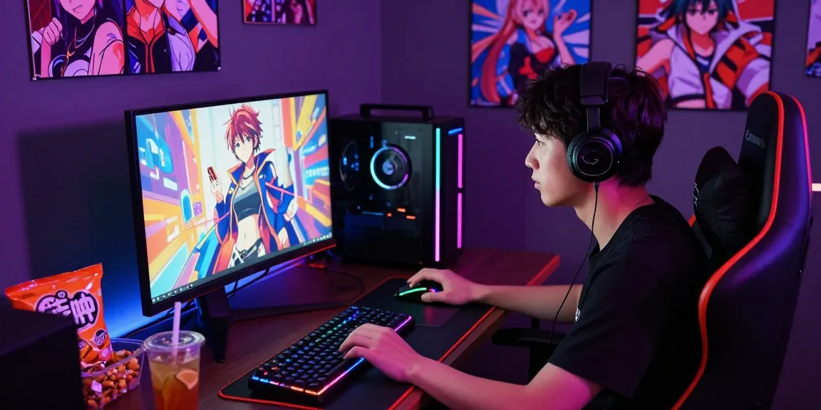 Player engaging with an ecchi simulator in a dynamic gaming setup, showcasing intense focus and vibrant atmosphere.