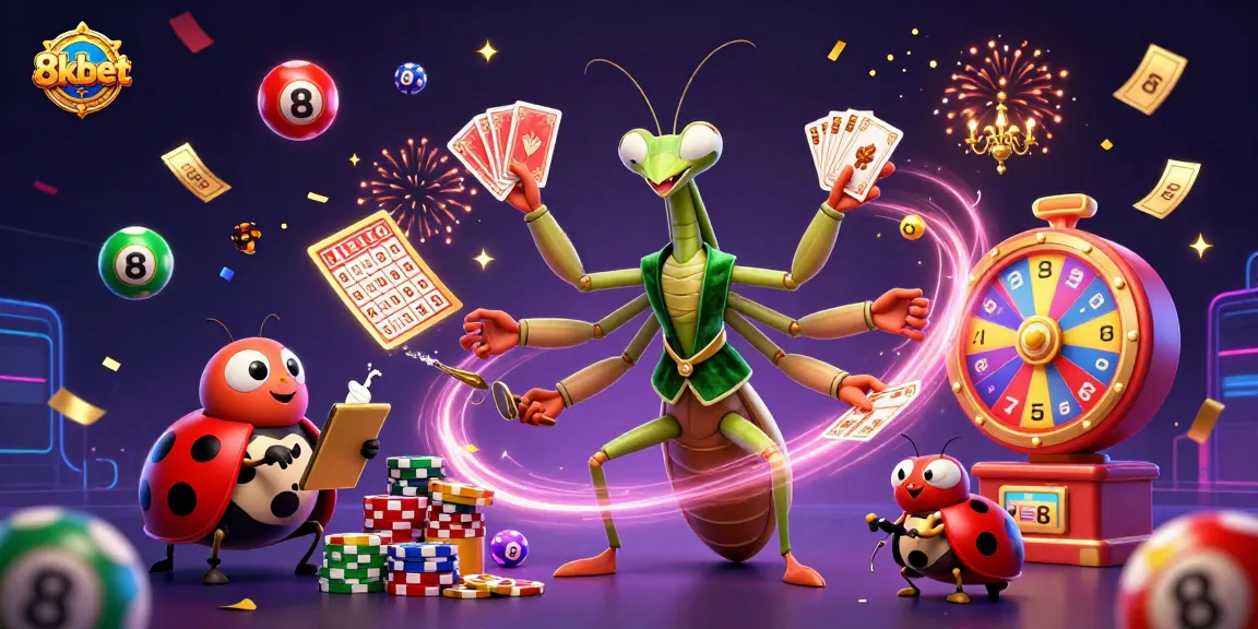 8kbet brings excitement with a lively casino scene featuring characters dealing cards and flying lottery balls.