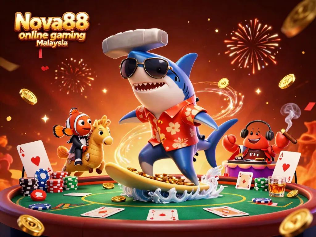 Experience thrilling play at Nova88 online gaming Malaysia with colorful characters amid casino elements.