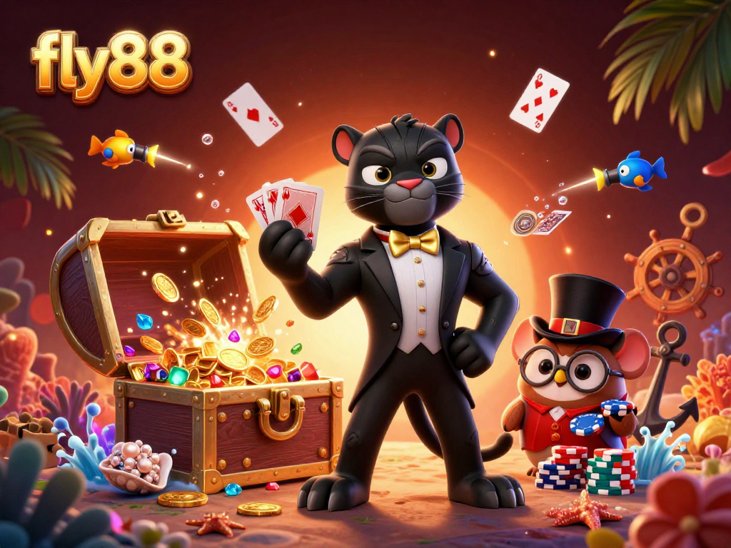 Experience thrilling gaming action with fly88's vibrant 3D casino scene featuring charismatic characters.