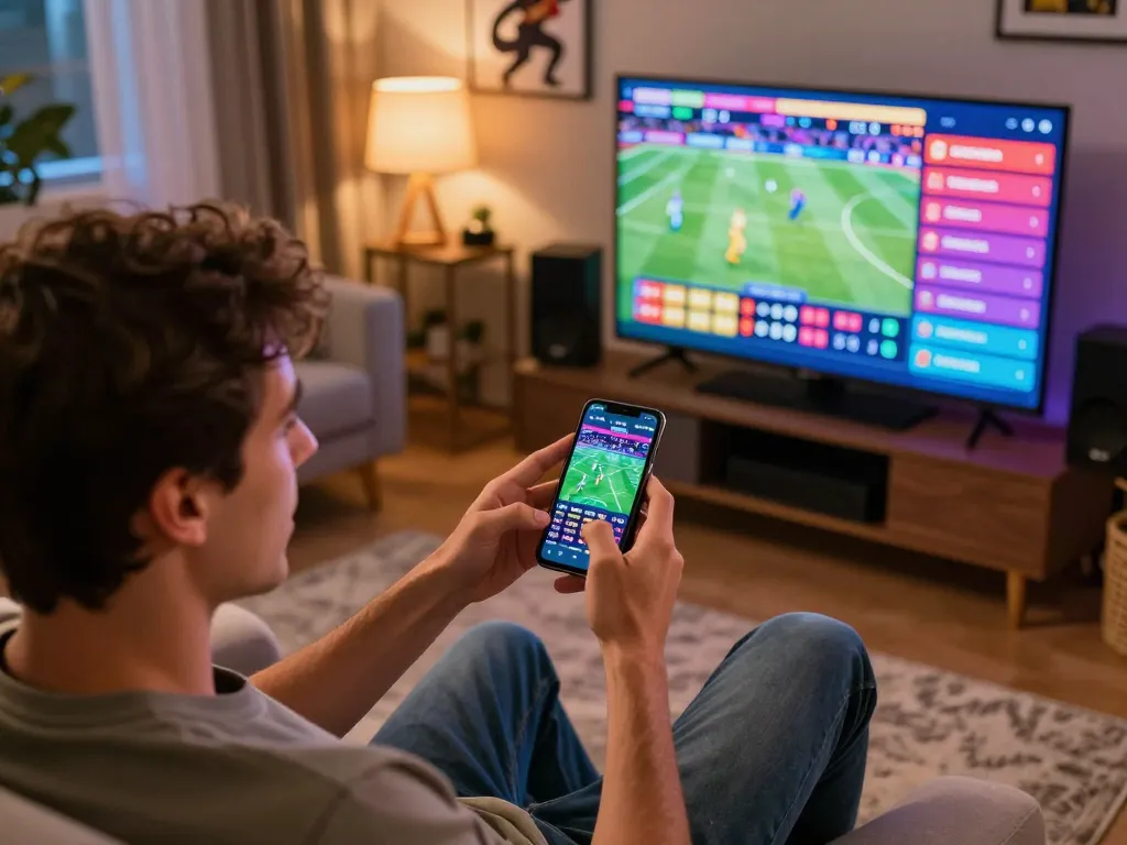 Engaging in live sports betting at CM88, showcasing real-time odds on smartphone with vibrant home sports setup.