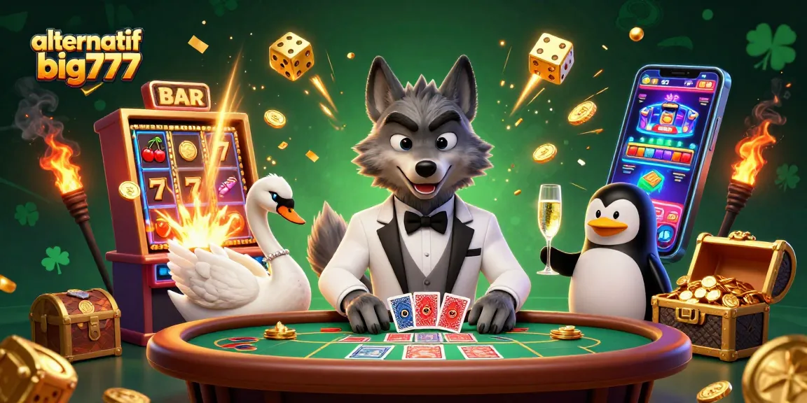 Engage with alternatif big777 in this vibrant casino-themed digital illustration showcasing interactive gaming elements and characters.
