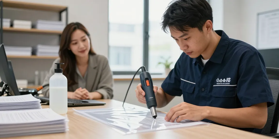 Kỹ thuật viên chuyên nghiệp thực hiện dịch vụ bóc ép plastic trong môi trường đô thị, đảm bảo tính toàn vẹn của tài liệu.