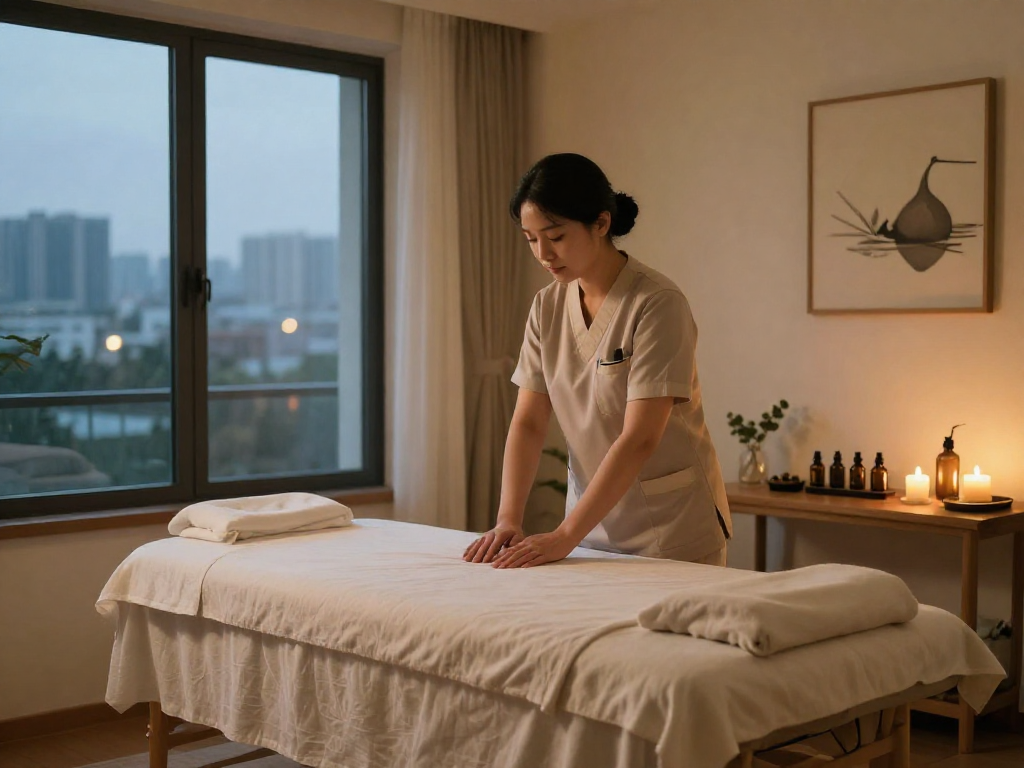 Relaxing 종로출장마사지 setup with therapist and calming ambiance in cozy home.