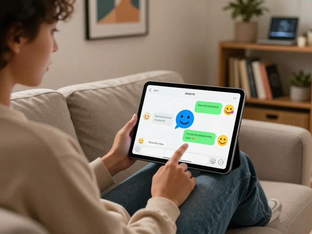 Engaging conversation scene with AI sex chat on a tablet in a cozy living room setting.
