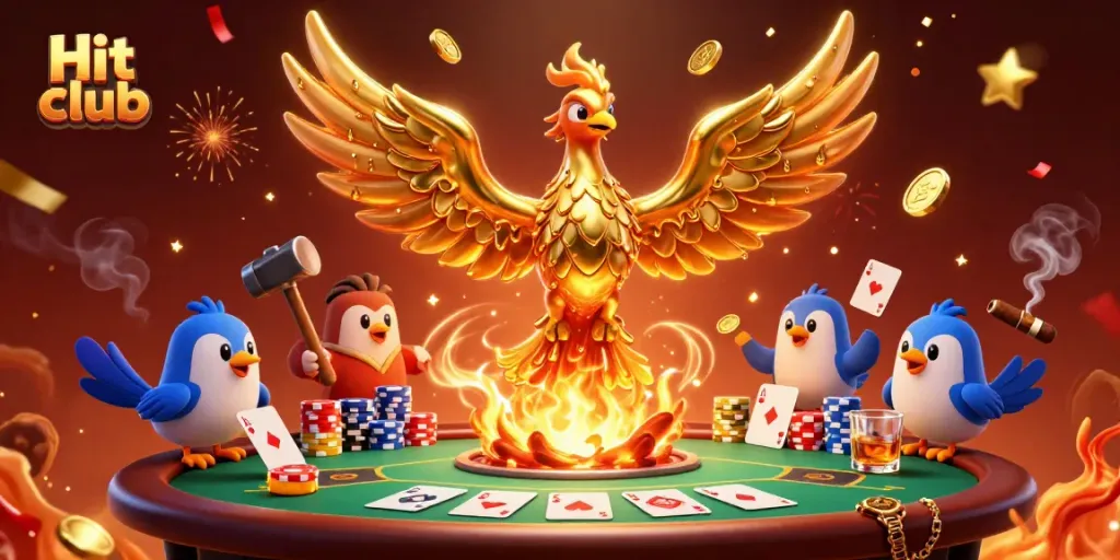 Engage with Hit club's thrilling poker scene, showcasing a molten phoenix and vibrant casino elements.