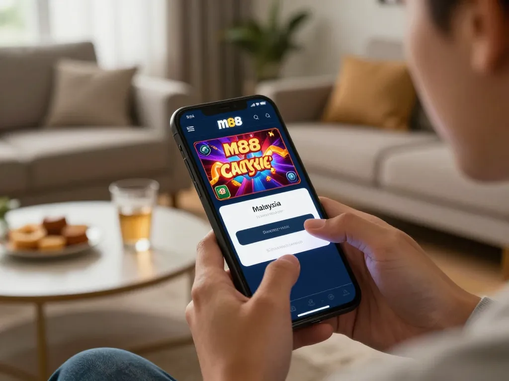Engaging in the m88 malaysia login on a mobile casino app, highlighting user-friendly interface and responsible gaming.
