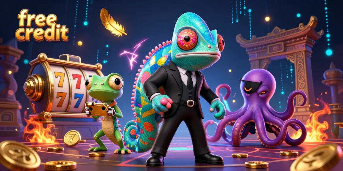 Win with free credit at a dynamic online casino scene featuring exciting characters and vibrant gaming elements.