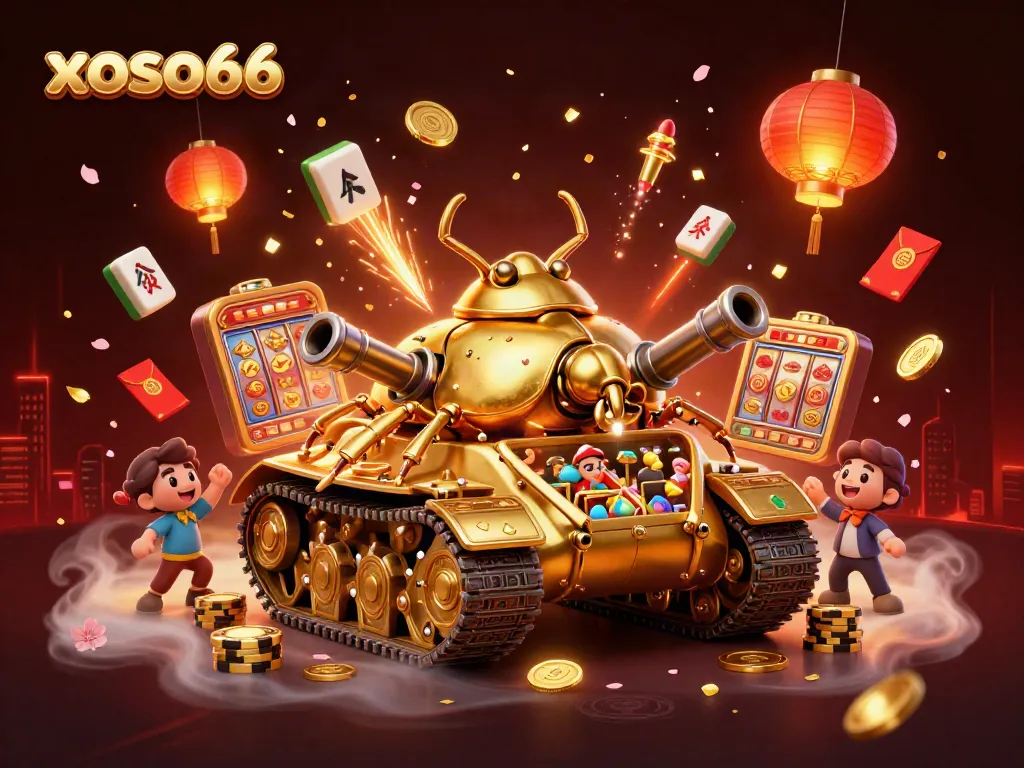 Experience the vibrant atmosphere of xoso66 with a golden beetle tank revealing a miniature casino, featuring dynamic gaming elements.