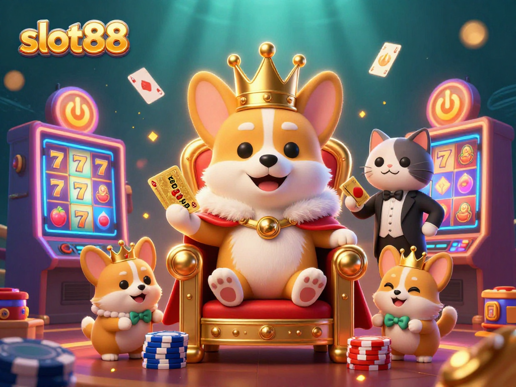spin the slot88 reels with a royal corgi crowned king amongst colorful vibrant gaming elements