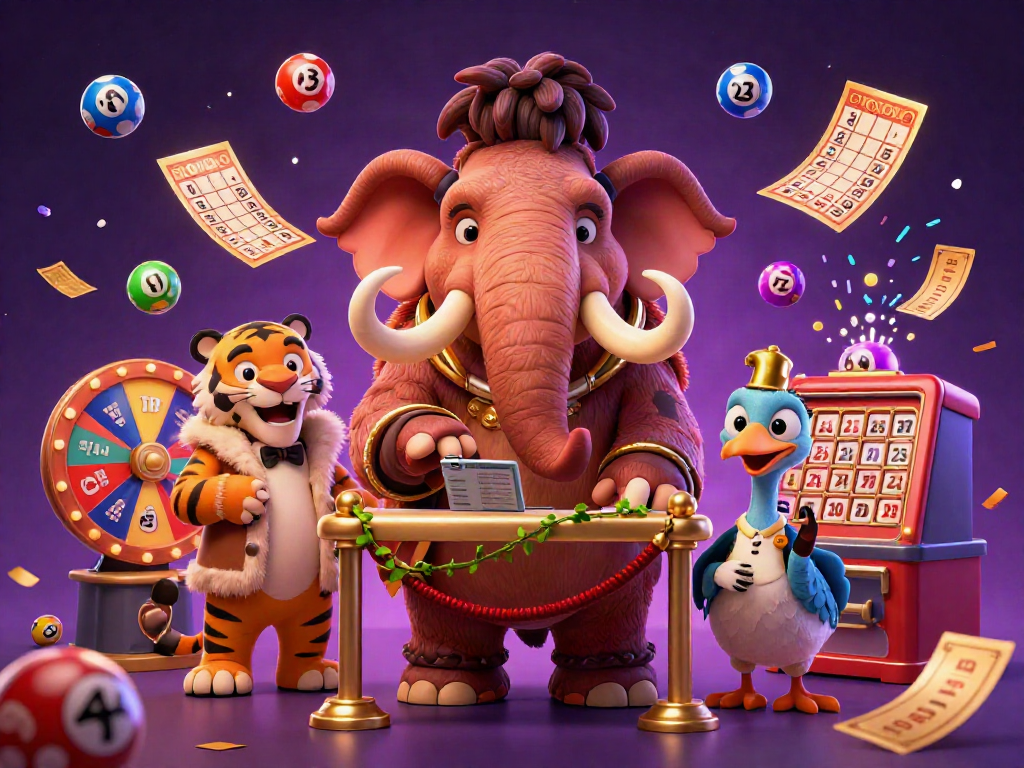 Engage with the vibrant lv88 casino scene showcasing a woolly mammoth bouncer, colorful lottery balls, and energetic gaming environments.