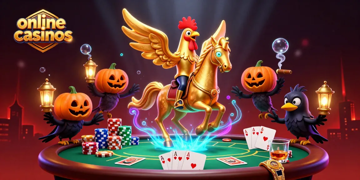 Engage with online casinos as a golden rooster and spectral horse explore a vibrant casino scene.