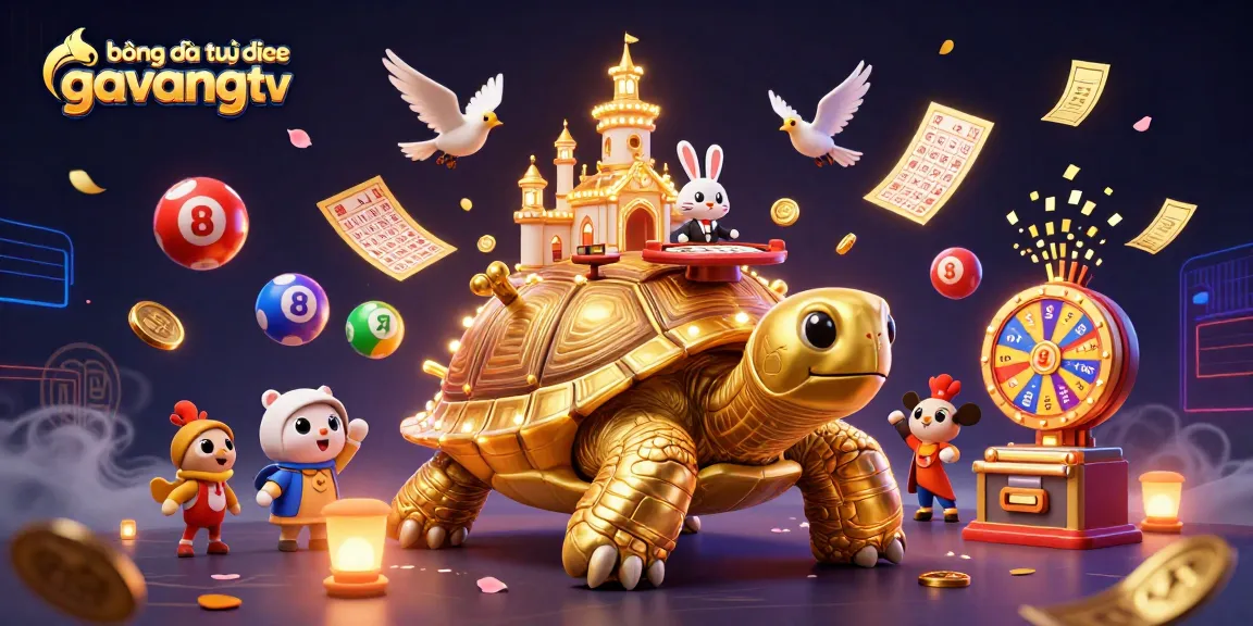 Bóng đá trực tuyến gavangtv comes alive with a vibrant casino scene, featuring a golden tortoise and rabbit dealer.
