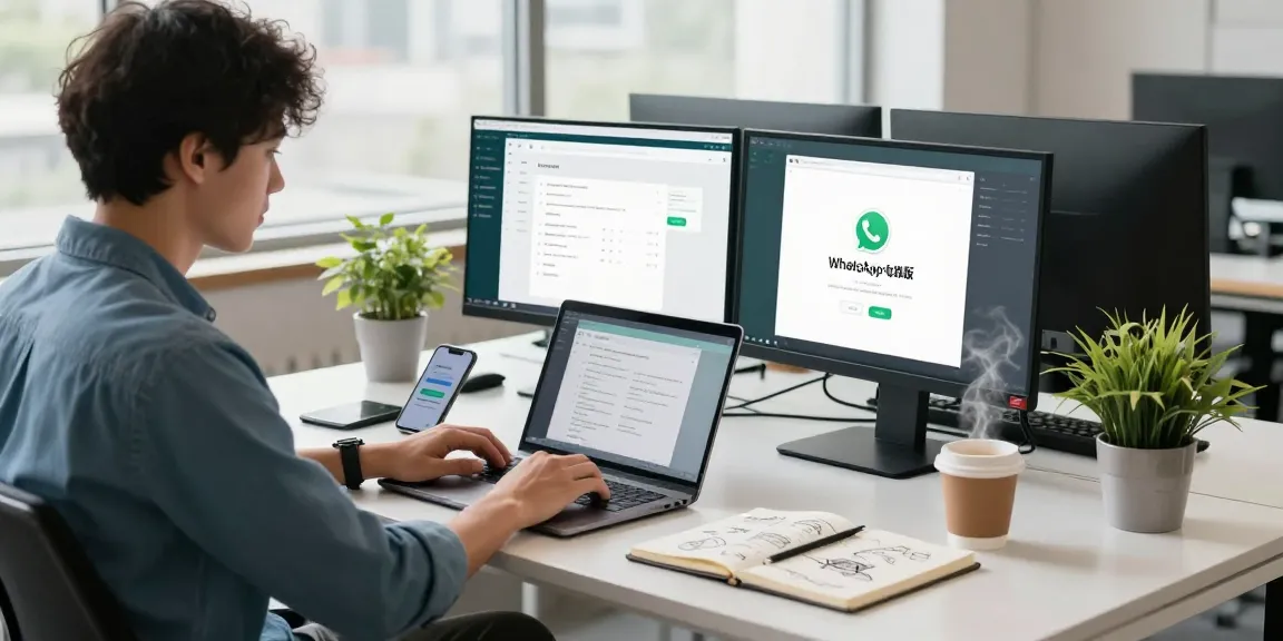 Young professional using WhatsApp電腦版 in a modern workspace with multiple screens and a focused atmosphere.